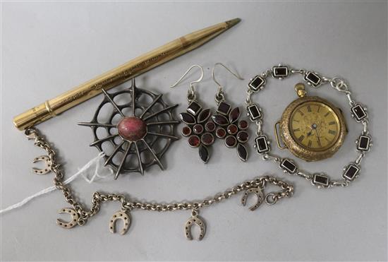 A Norwegian sterling silver spiders web brooch, a 9ct gold fob watch, a 9ct gold cased pencil and three other items.